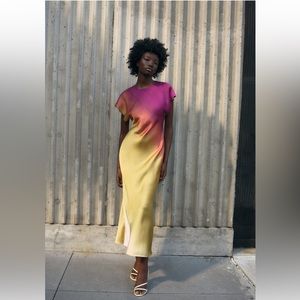 ZARA TIE DYE PRINTED SATIN MIDI DRESS size MEDIUM